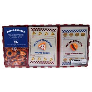 24 Packs Pizza & Burgers Valentine Cards Kids School Classroom W/ Shoe Charms